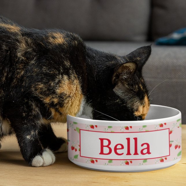 Tigela Padrão de flores de morango aquarela Pet (Delightful pet bowl: Customized with watercolor strawberry blossoms!)