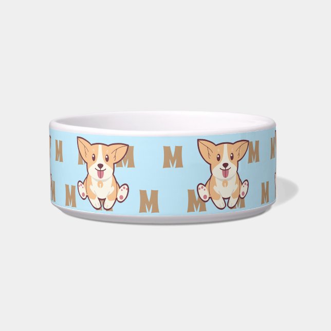 Tigela Padrão de monograma de Corgi fofo em caneca azul (Frente)