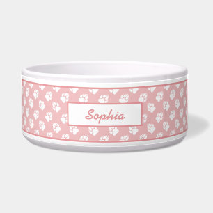 Tigela Padrão de Pata de Cachorro Rosa e Branco e Nome Pe