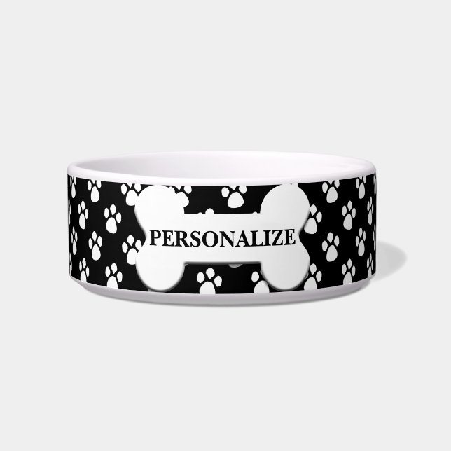 Tigela Padrão de Pata Preto e Branco Personalizado (Frente)