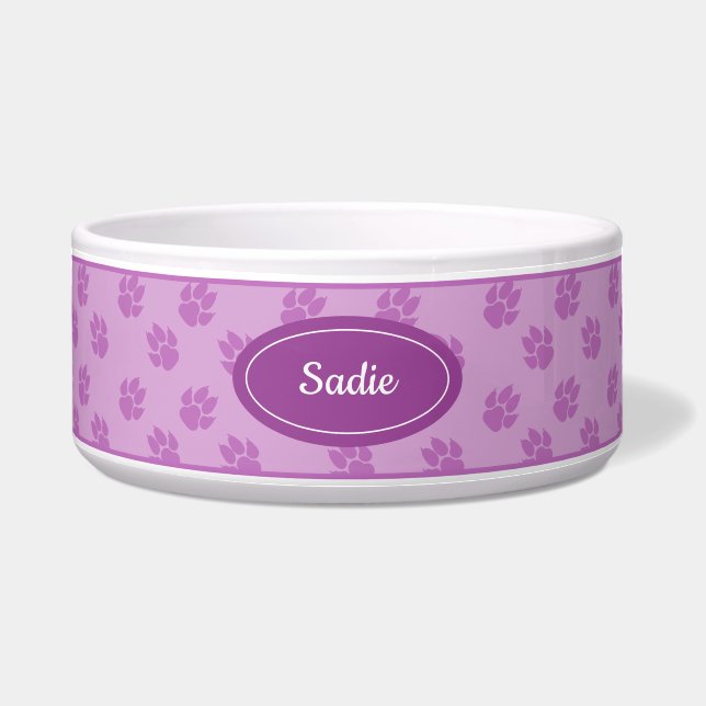 Tigela Padrão de Patinhas de Cachorro Roxo com Nome Perso (Frente)