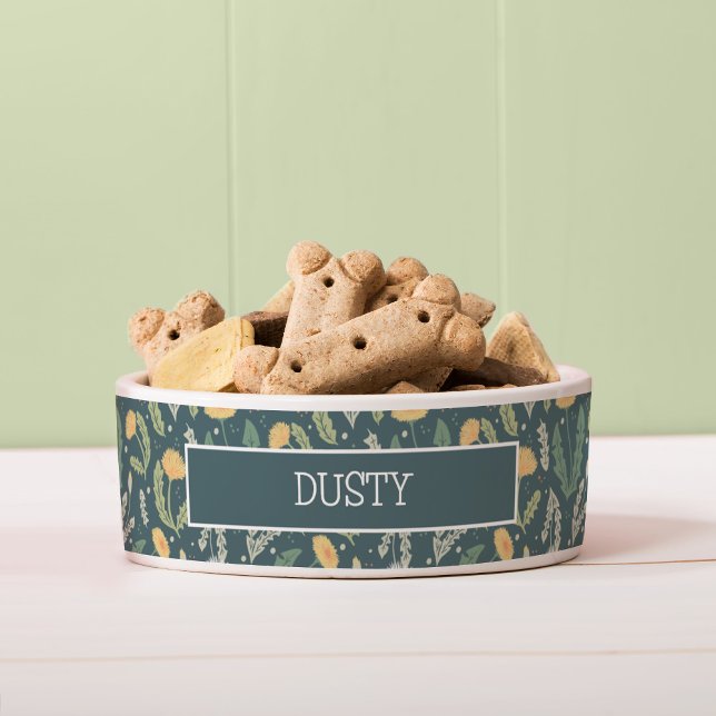 Tigela Padrão de Semana Floral de Dandelion (Dandelion Pattern Dog Bowl with Dog Name Spot)