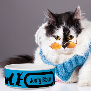 Tigela Padrão de Silhueta Azul de Gato Preto com Nome de