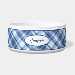 Tigela Padrão De Xadrez Azul Com Nome Pet Personalizado