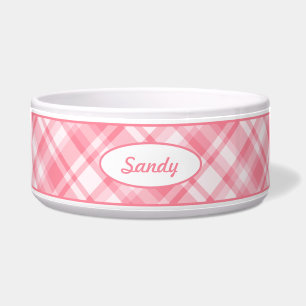 Tigela Padrão De Xadrez Rosa Com Nome Pet Personalizado