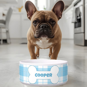 Tigela Padrão Xadrez Azul Branco Nome Ração para Cães Águ