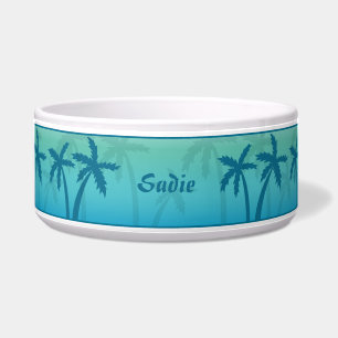 Tigela Palmeiras Tropicais Azul Aqua E Nome Personalizado
