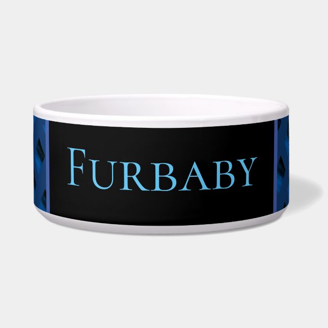 Tigela para animais com padrão azul. (Frente)