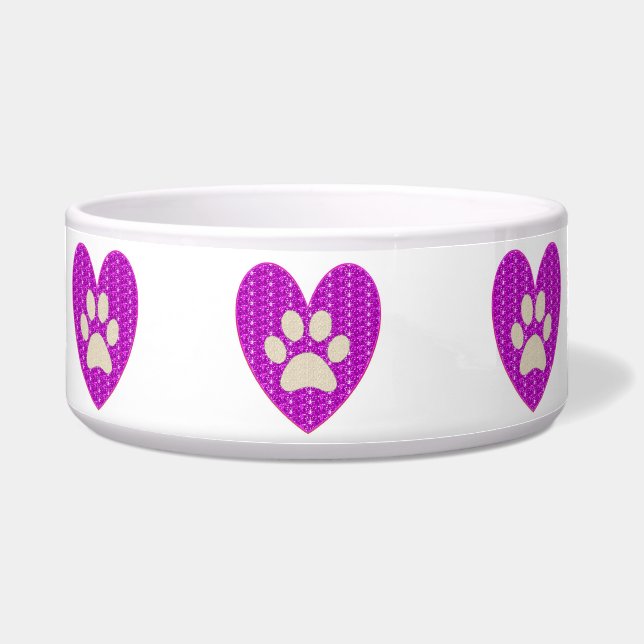 Tigela para Cão Pata Coração Rosa Branco Brilho.. (Frente)