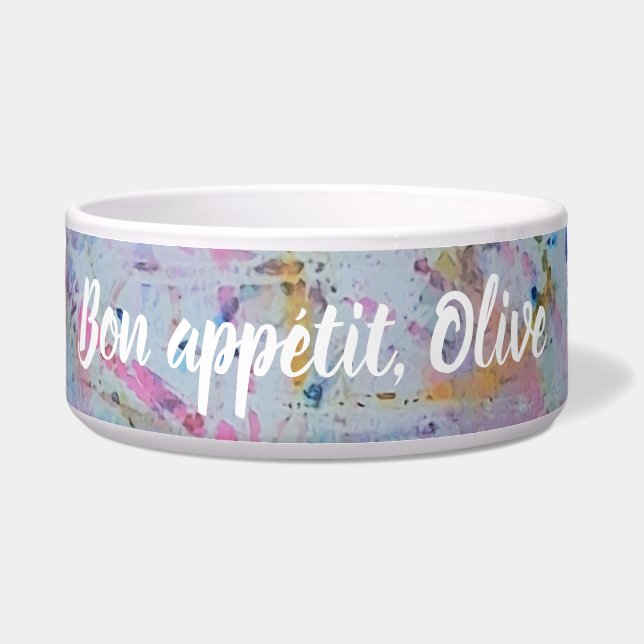 Tigela para Pet com Manchas de Aquarela: Bon Appet (Frente)