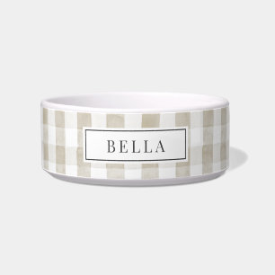 Tigela para Pet com Nome em Xadrez Beige/Castanho