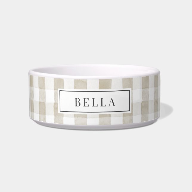 Tigela para Pet com Nome em Xadrez Beige/Castanho (Frente)