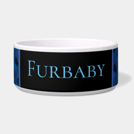 Tigela para pet com padrão azul.
