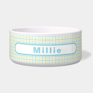 Tigela Pastel Yellow Plaid Custom Name Pet Food Water