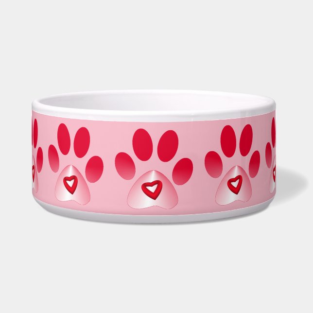 Tigela Pata com Gradiente Vermelho e Branco c/Coração Ver (Frente)