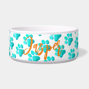 Tigela Pata Imprime Aqua Azul PET NOME Laranja Diversão M