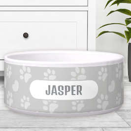 Tigela Patas Coração Cinza Nome Pet Cachorro