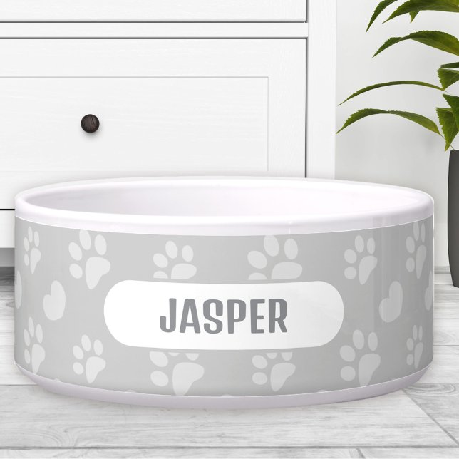 Tigela Patas Coração Cinza Nome Pet Cachorro (Paw Prints Heart Pattern Grey Name Pet Dog Bowl)