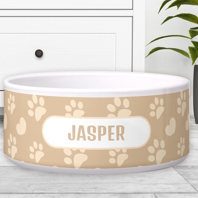 Tigela Patas Coração Padrão Bege Nome Pet Cão (Paw Prints Heart Pattern Beige Name Pet Dog Bowl)