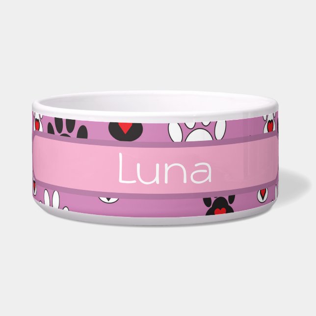 Tigela Patas impressas coração rosa vermelho nome (Frente)