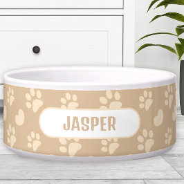 Tigela Paw Prints Coração Padrão Bege Nome Pet Cão