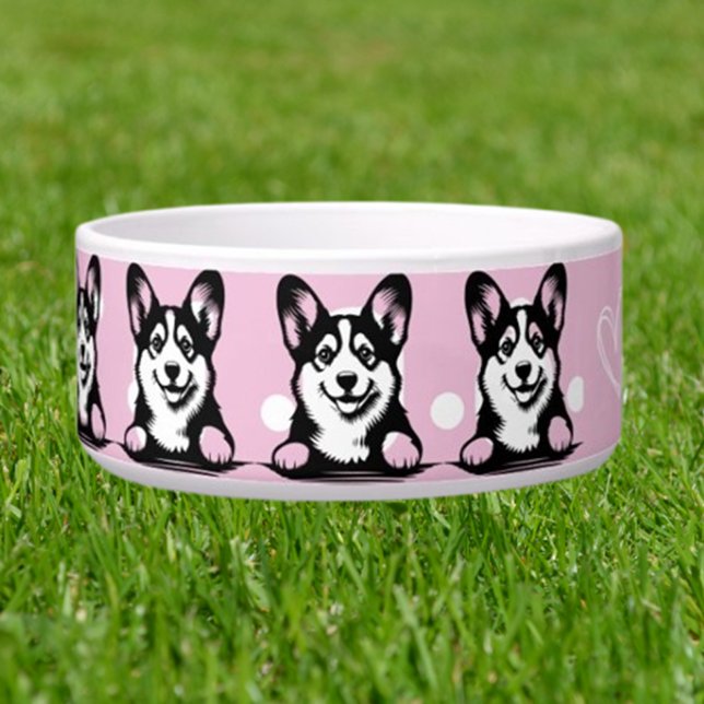 Tigela Peeking Corgi Personalizar tema rosa (Trendy  Custom Dog Name Bowl)