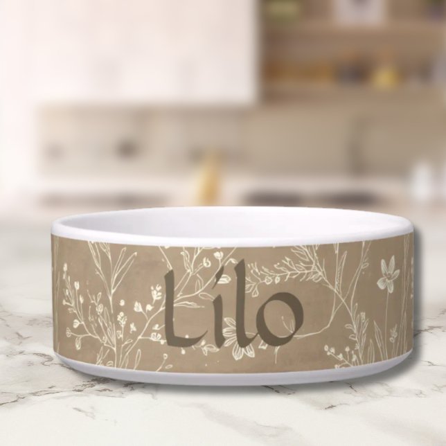 Tigela Personalizada Marrom Botânica para Animais  (Personalized Brown Botanical Pet Bowl)