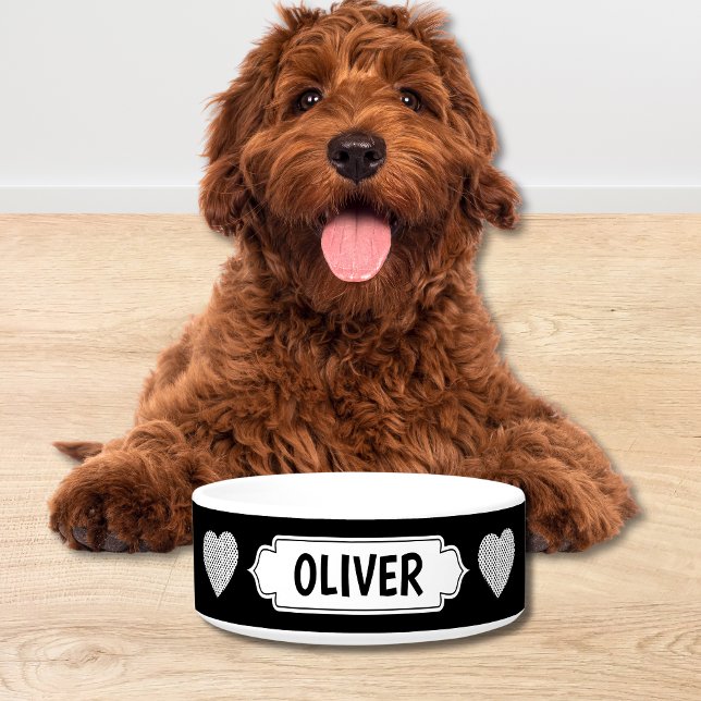Tigela Personalizada para Cachorro com Nome em Pre (CUSTOM DOG BOWL IN SIMPLE BLACK & WHITE MINIMAL DESIGN)