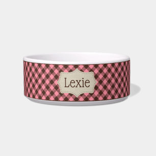 Tigela Personalizada Rosa e Xadrez Marrom para Pet