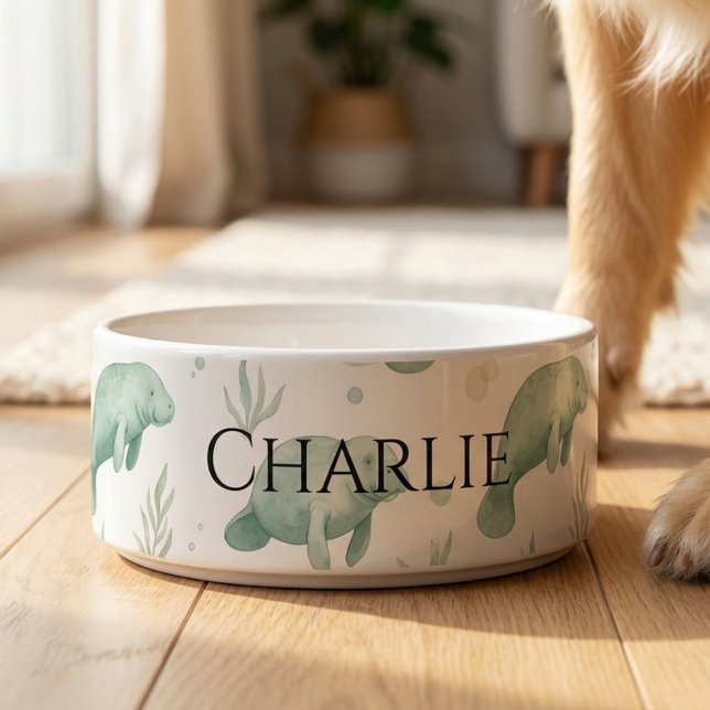 Tigela Personalized Watercolor Manatee Pet Bowl (Personalized Watercolor Manatee Pet Bowl)