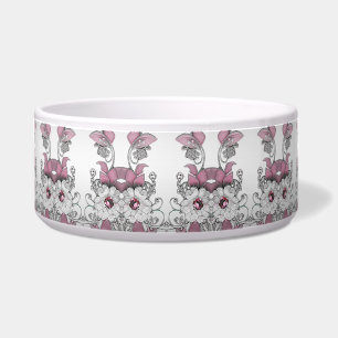 Tigela Pet Bowl, Cerâmica Floral Branca de Prata Rosa