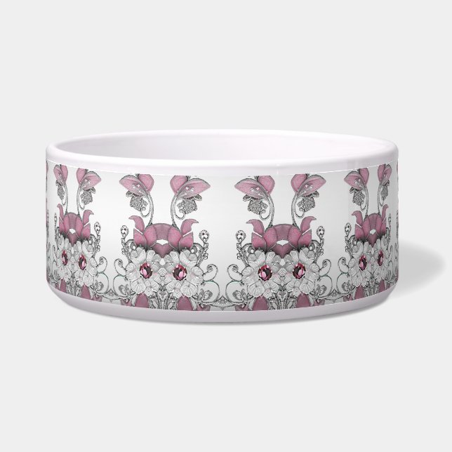 Tigela Pet Bowl, Cerâmica Floral Branca de Prata Rosa (Frente)