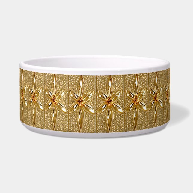 Tigela Pet Bowl, Cerâmica Floral de Ornamentado Dourado (Frente)