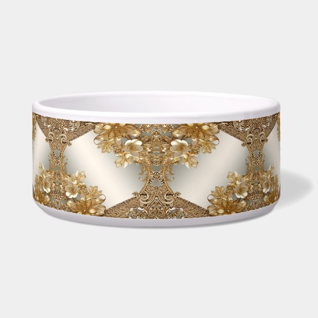 Tigela Pet Bowl, Cerâmica Floral de Ornamentado Dourado M (Frente)