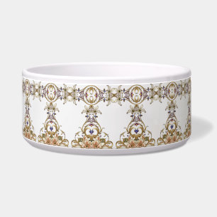 Tigela Pet Bowl, Cerâmica Floral Dourada Branca