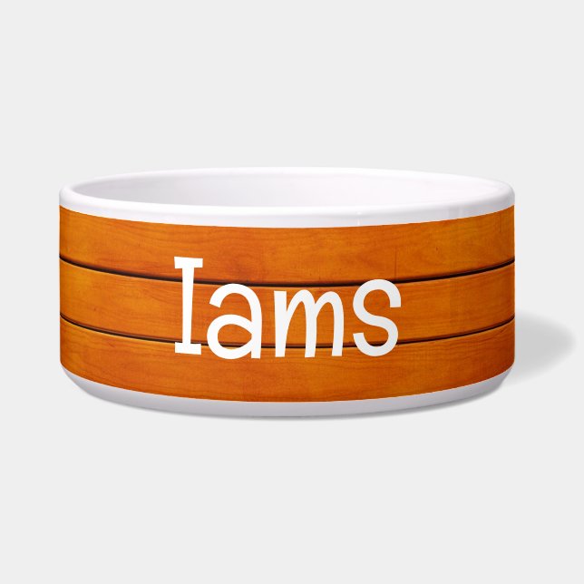 Tigela Pet Bowl de Conselho de Madeira com texto IAMS (Frente)