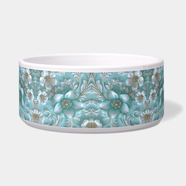 Tigela Pet Bowl de Teal White Floral (Frente)