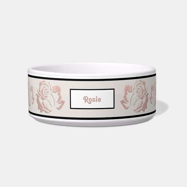 Tigela Pet Bowl do Monograma Dourado Rosa com Rosas (Frente)