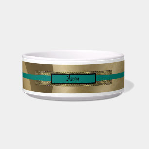Tigela Pet Bowl Luxurista Personalizado Dourado/Turquesa