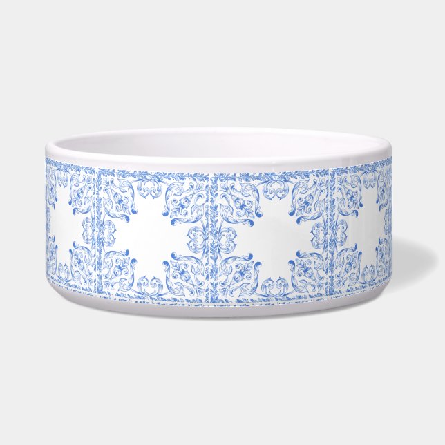 Tigela Pet Bowl ornamentado Azul e Branco (Frente)