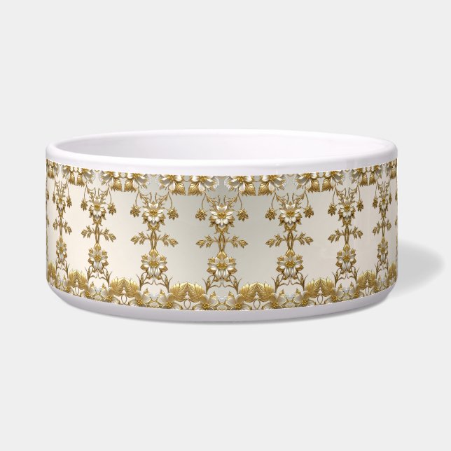 Tigela Pet Bowl, Ornamentado Dourado Branco Floral (Frente)