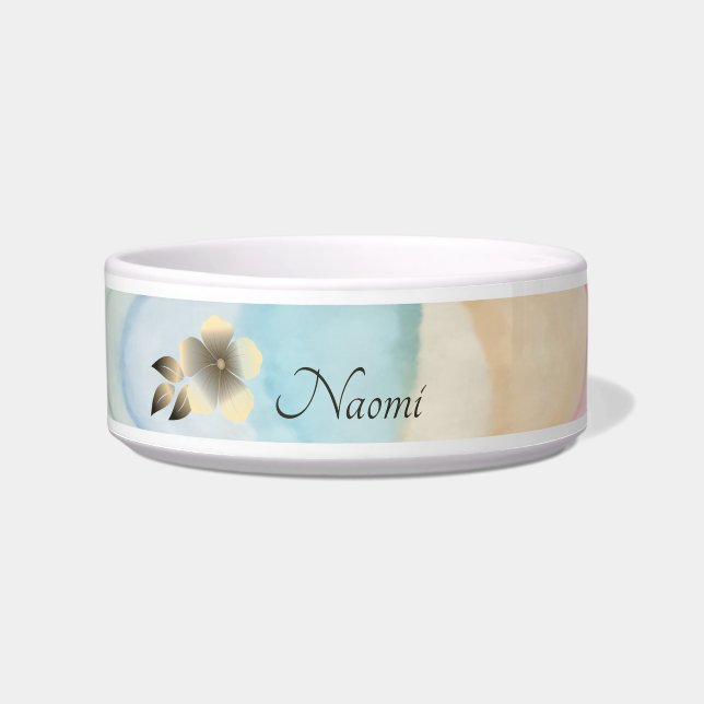 Tigela Pet Bowl, Personalizada Floral Tropical Pastel Wat (Frente)