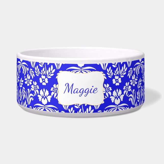 Tigela Pet Bowl personalizado de Damasco Floral Azul e Br (Frente)
