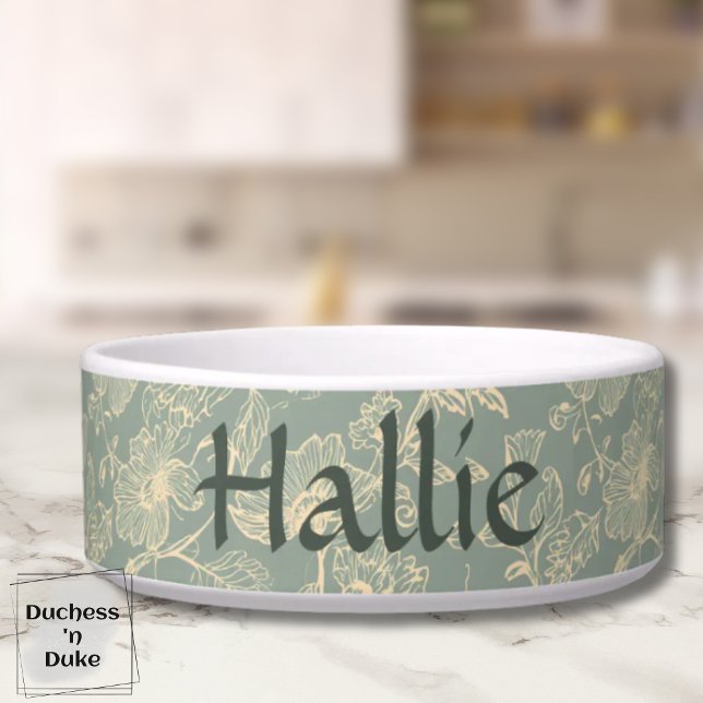 Tigela Pet Bowl - Sage Green Botanical, Personalized  (Personalized Sage Green Botanical Pet Bowl on marble table top)