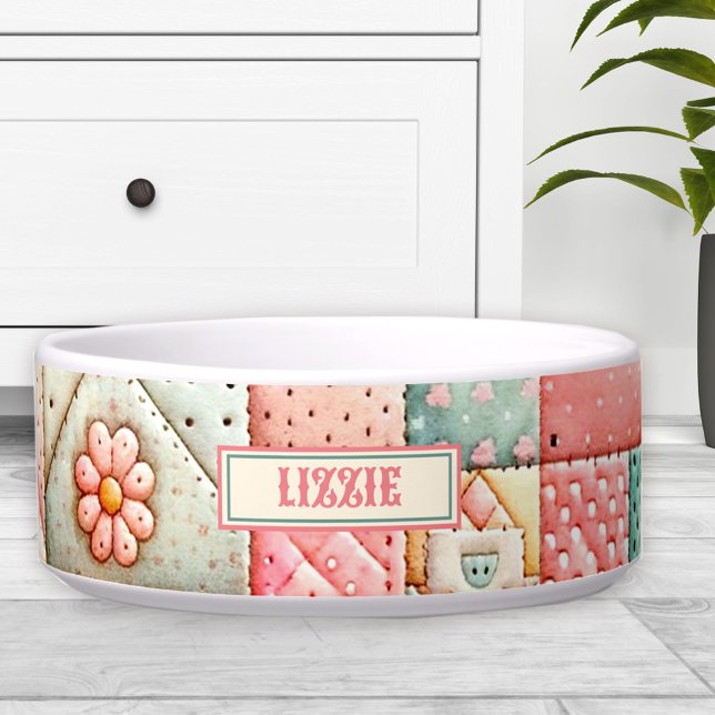 Tigela Pet Cat. de Coleta de Colagem de Corte Nome Person (Cute Quilt Patchwork Pastel Custom Name Cat Pet Bowl)
