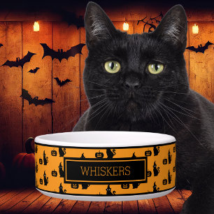 Tigela Pet de Abóbora Preto de Halloween Personalizado