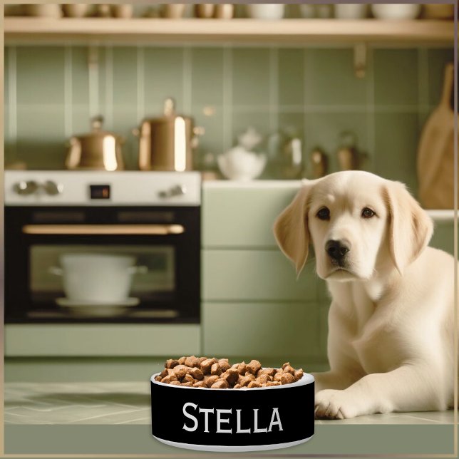 Tigela Pet de nome monocromático simples preto e branco (A black and white bowl for your dog's food or water, personalized with your pet's name)