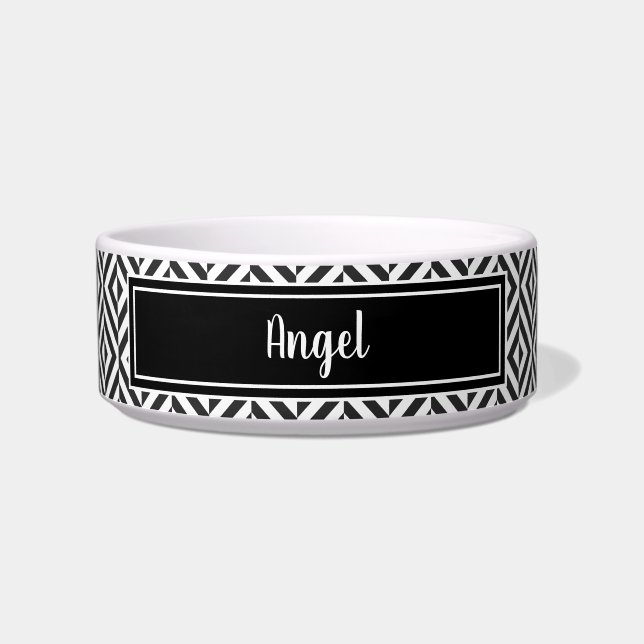 Tigela Pet de Padrão de Diamante Preto e Branco (Frente)