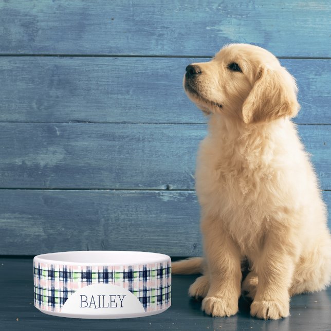 Tigela Pet de Xadrez Azul e Rosa Personalizado (Criador carregado)