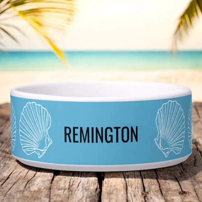 Tigela Pet Name Beach Seashells Teal Personalizado (custom pet bowl front)